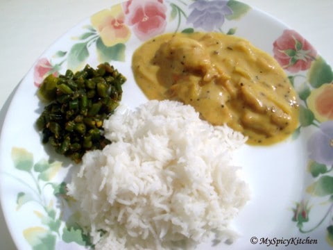 A plate of punjabi kadhi, rice & beans
