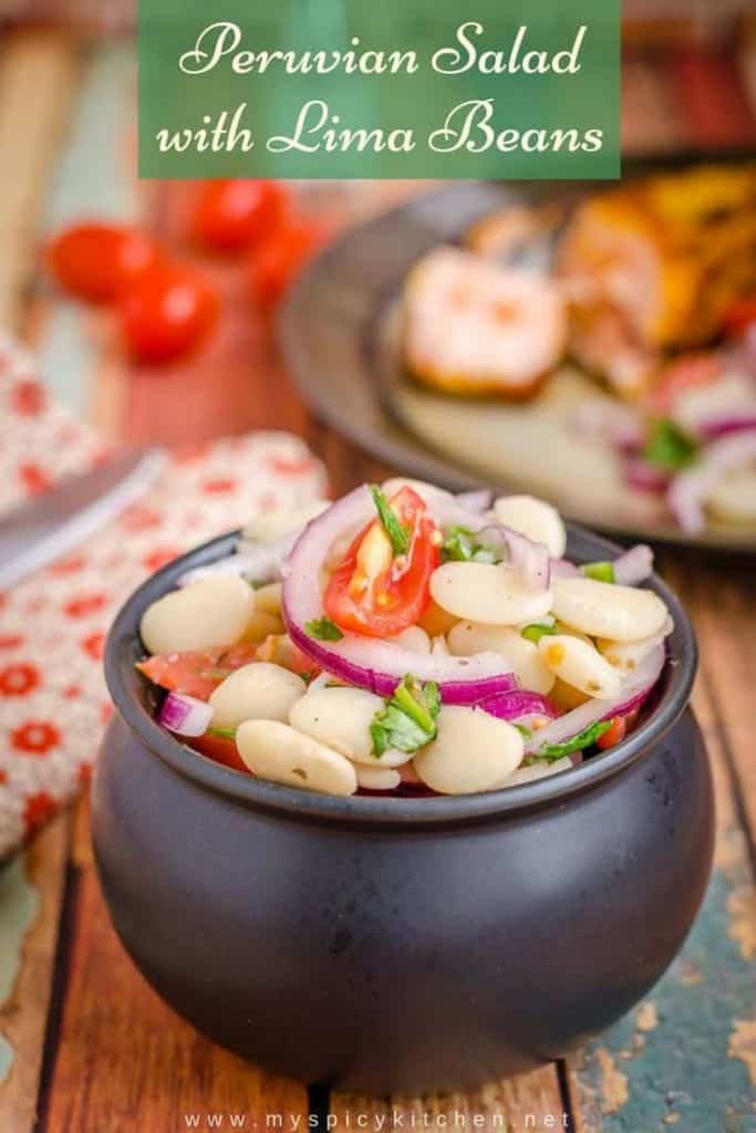A bowl of Peruvian lima beans salad.  It is a simple salad tossed in a lime vinaigrette and great side dish. 