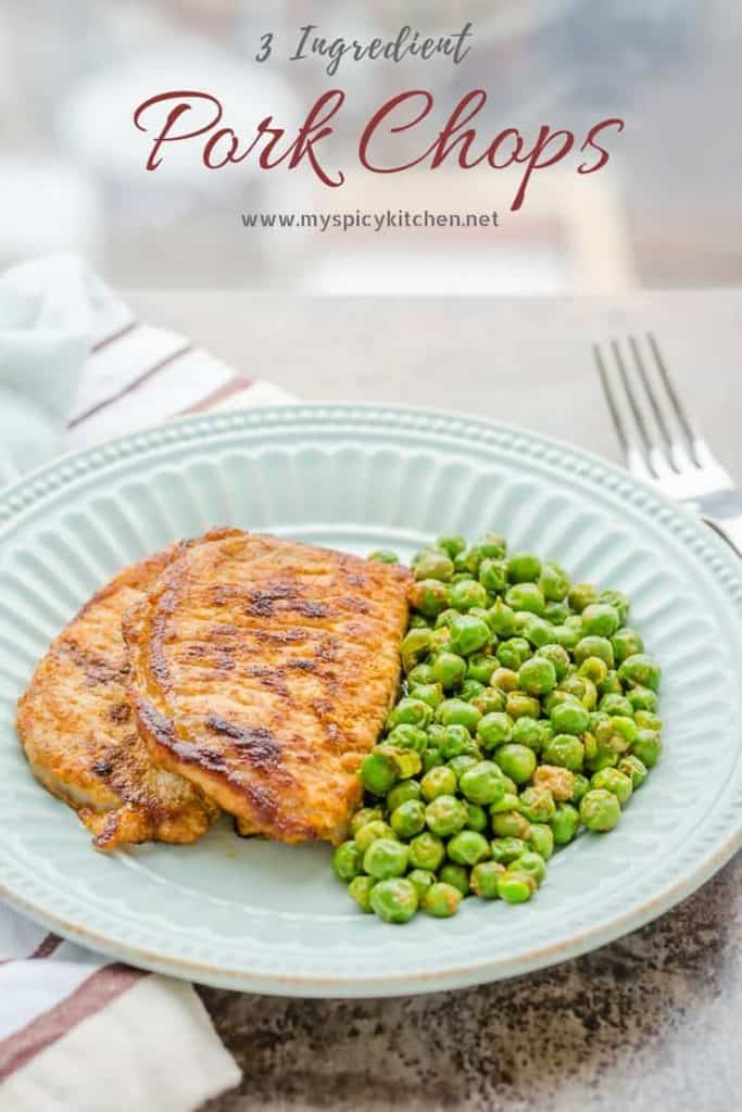 Plated 3 ingredient pork chops and english peas.