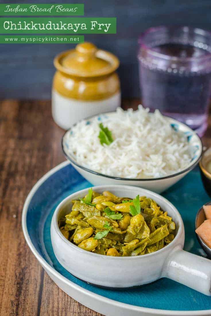 A bowl of chikkudukaya kura or Indian broad beans in a platter along with a bowl of rice.