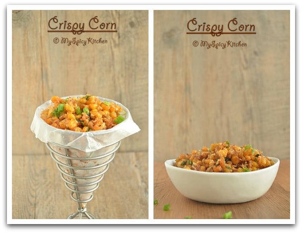 Collage of corn, one in a cone shaped stand and another in a bowl. 