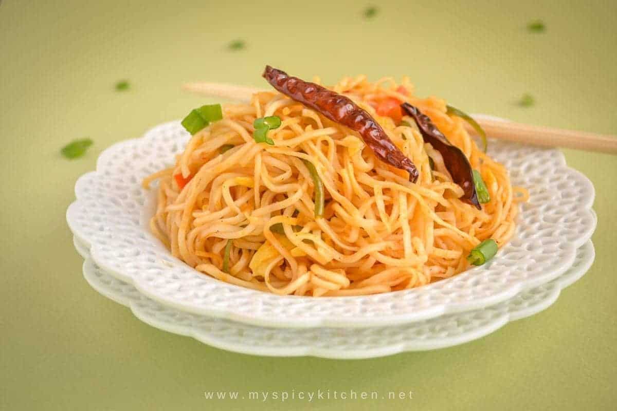 Egg Noodles, Egg Chili Garlic Noodles, Chinese Noodles, Cooking from Cookbook Challenge