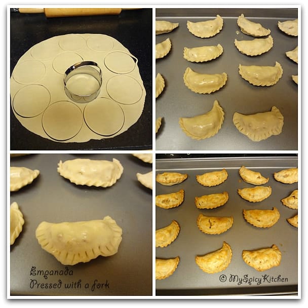 A collage of cut empanada discs and, shaped empanadas on a tray before and after baking.