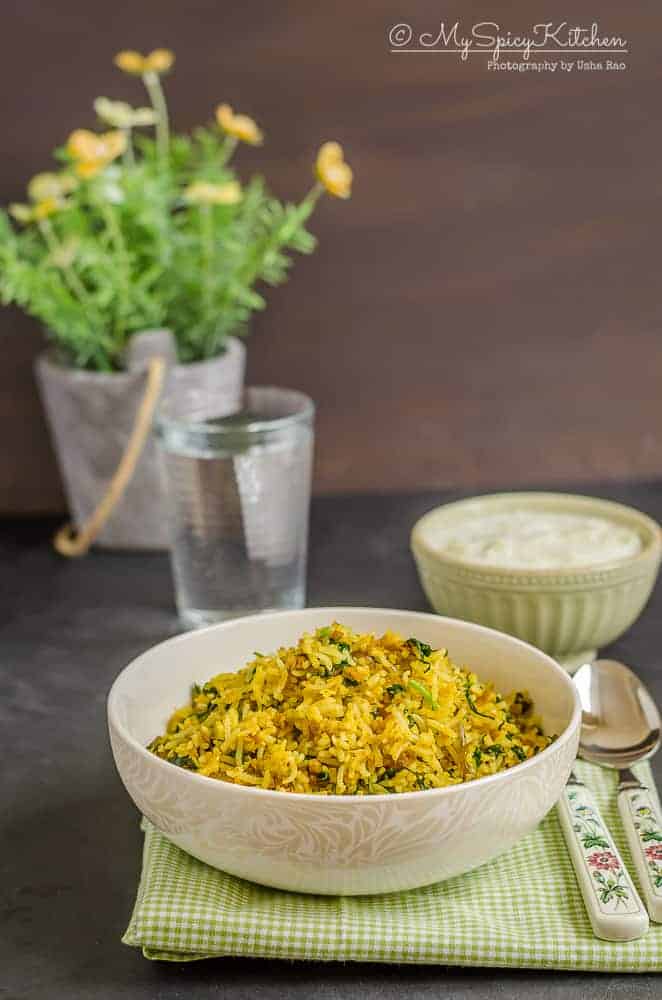 Soya Granules Spinach Fried Rice, Indian Fried Rice with soya granules and spinach, Blogging Marathon, Dinner Ideas, Rice Variety,