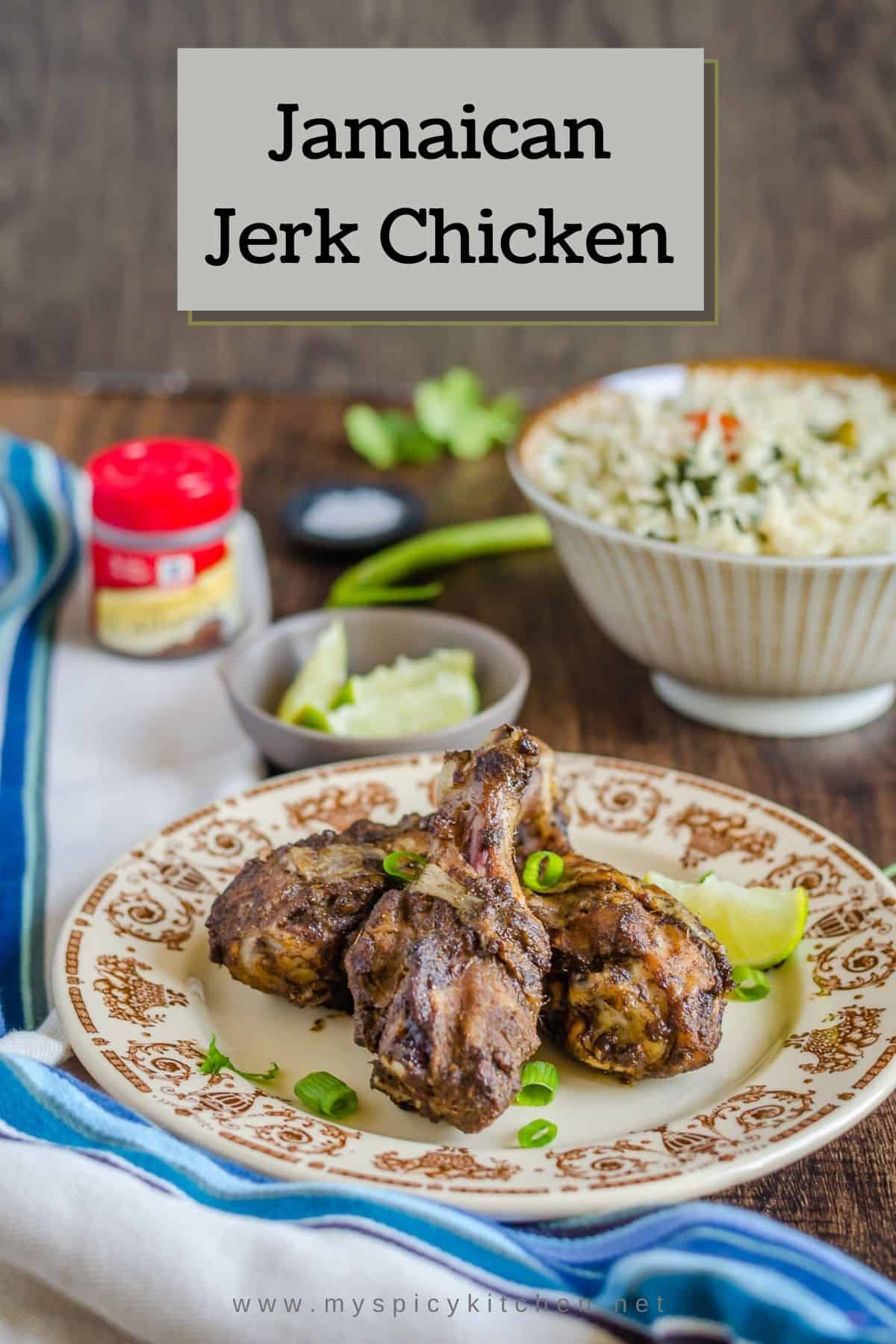 3 Jamaican Jerk Chicken drumsticks on a plate.