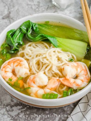 Shrimp noodle soup in a bowl