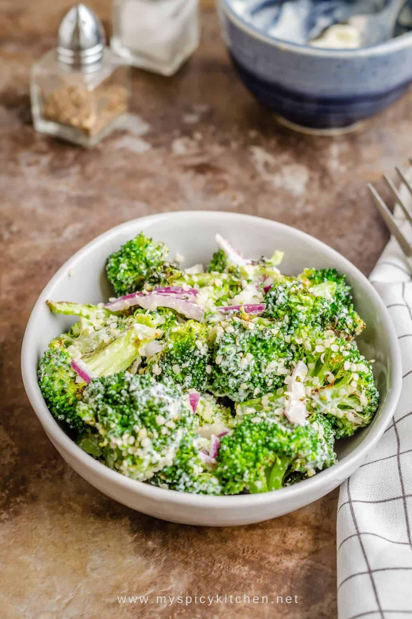 Bowl of roasted broccoli salad.