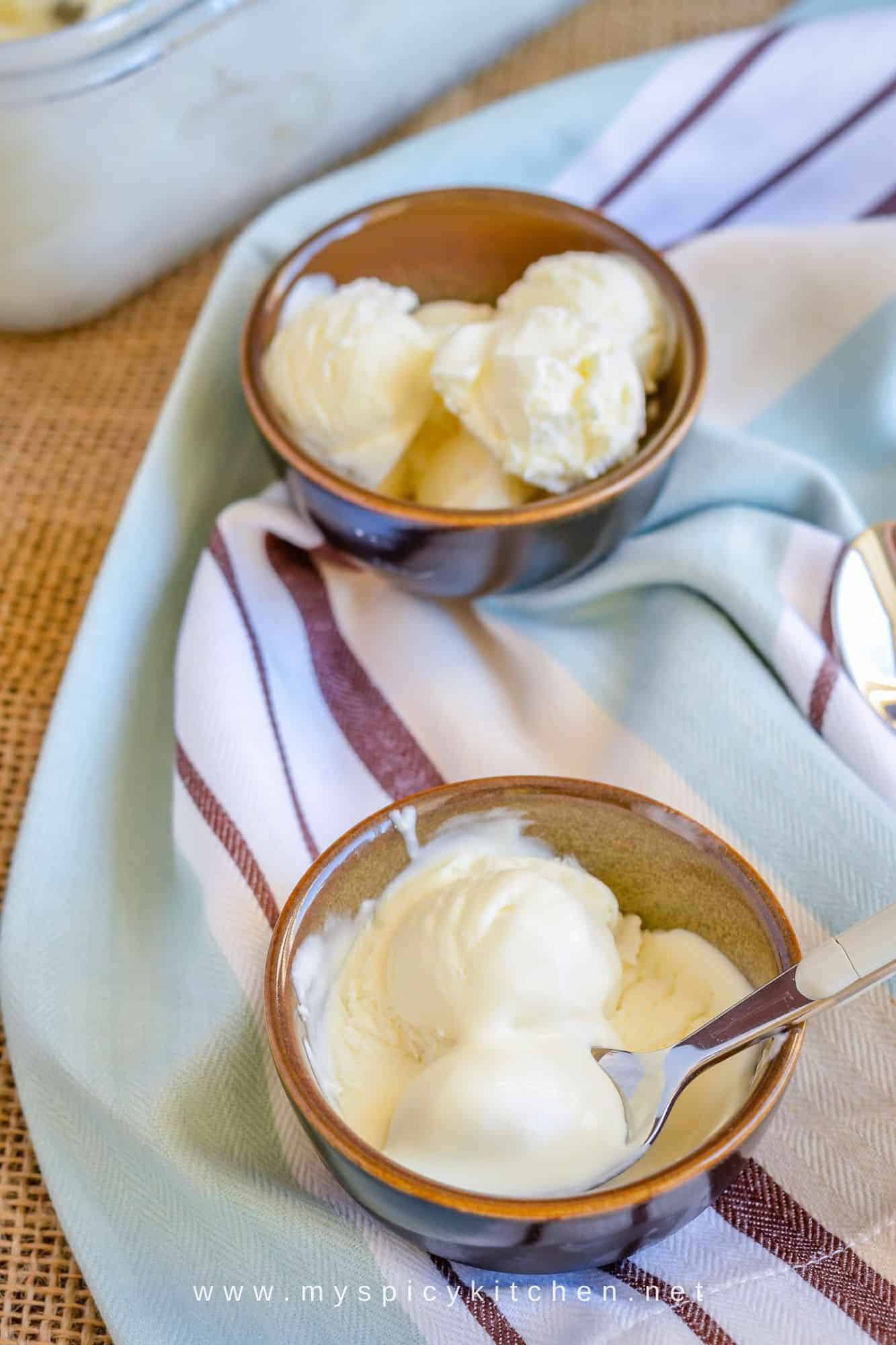 two bowls of homemade vanilla ice cream.