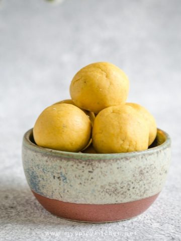 A bowl of senaga pappu laddulu.