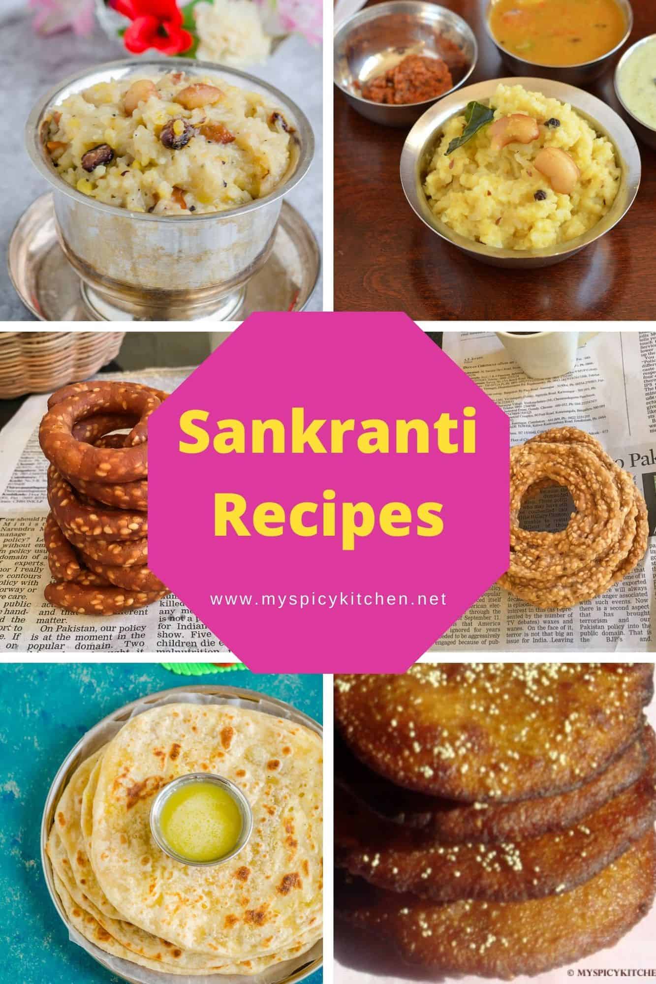Collage of 6 Sankranti recipes.