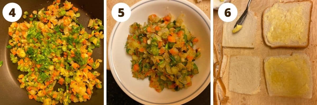 College of vegetable mixture in a pan with chopped cilantro, a cooked vegetable mixture in a bowl and bread slices buttered.