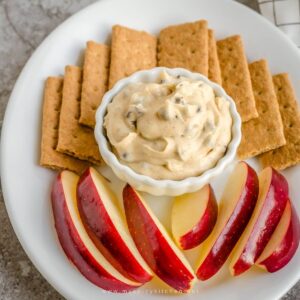 Bowl of choco chip dough dip, apples and crackers in a plate.