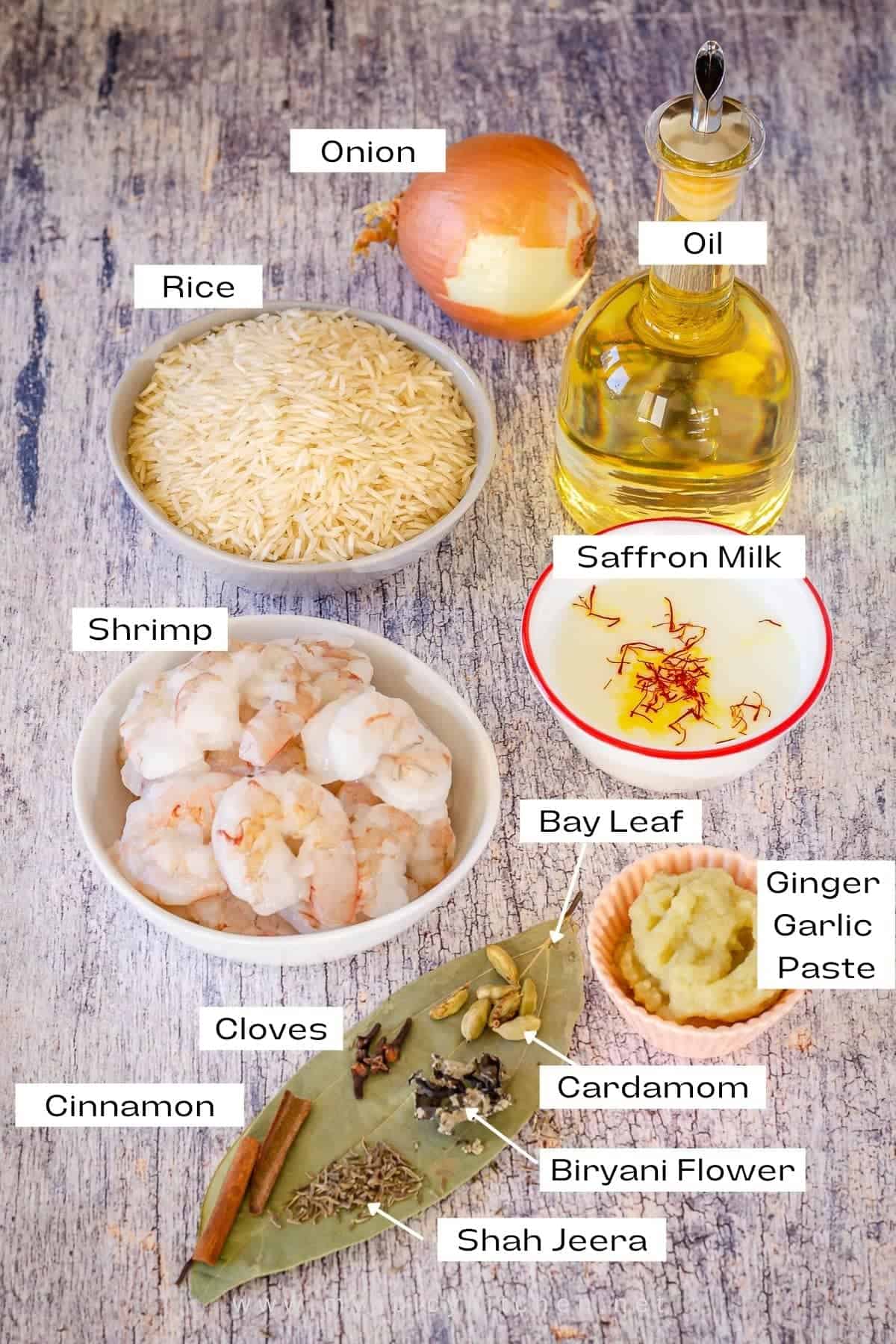 Ingredients for shrimp biryani.