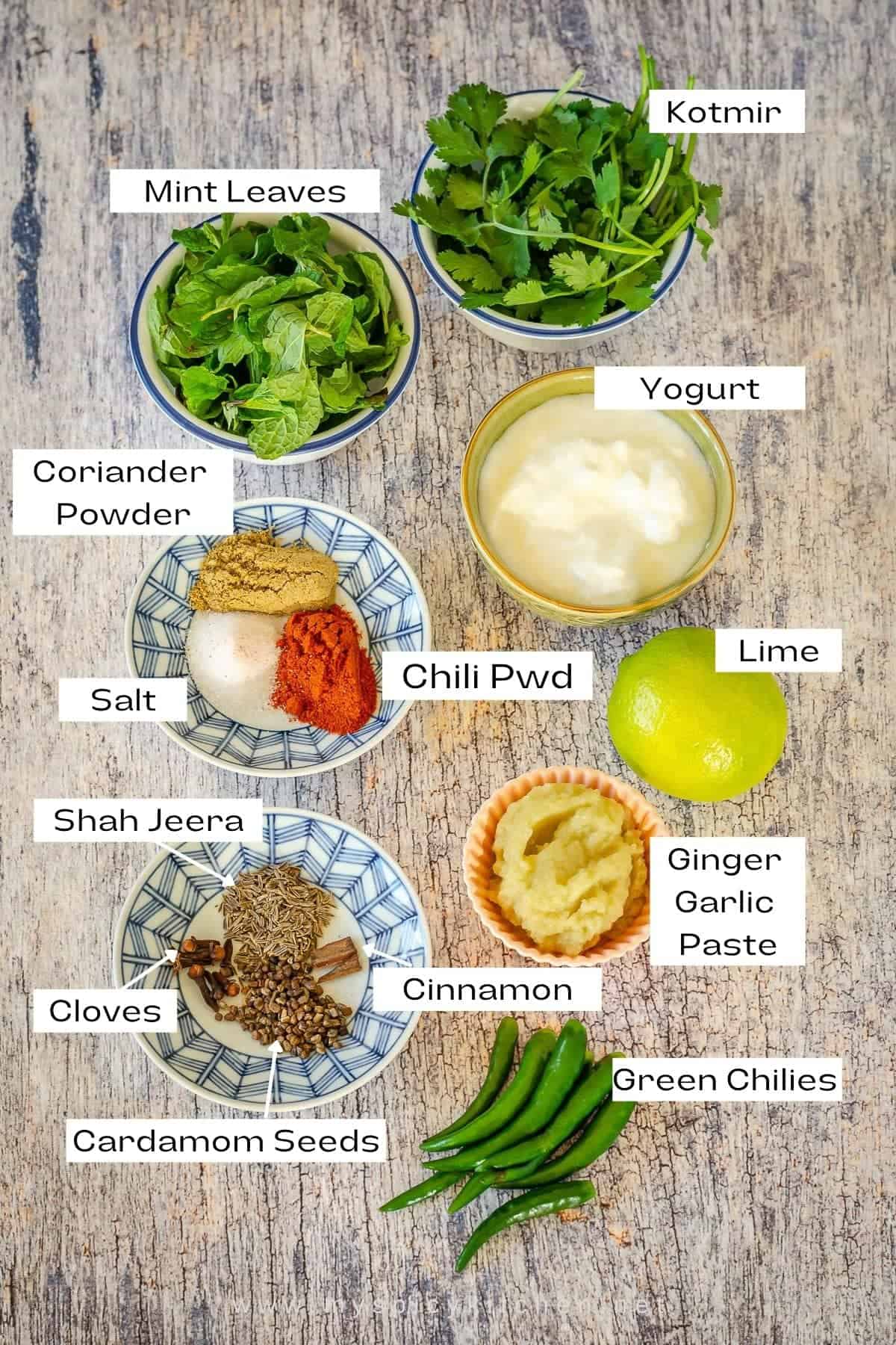 Ingredients for dum biryani marinade.