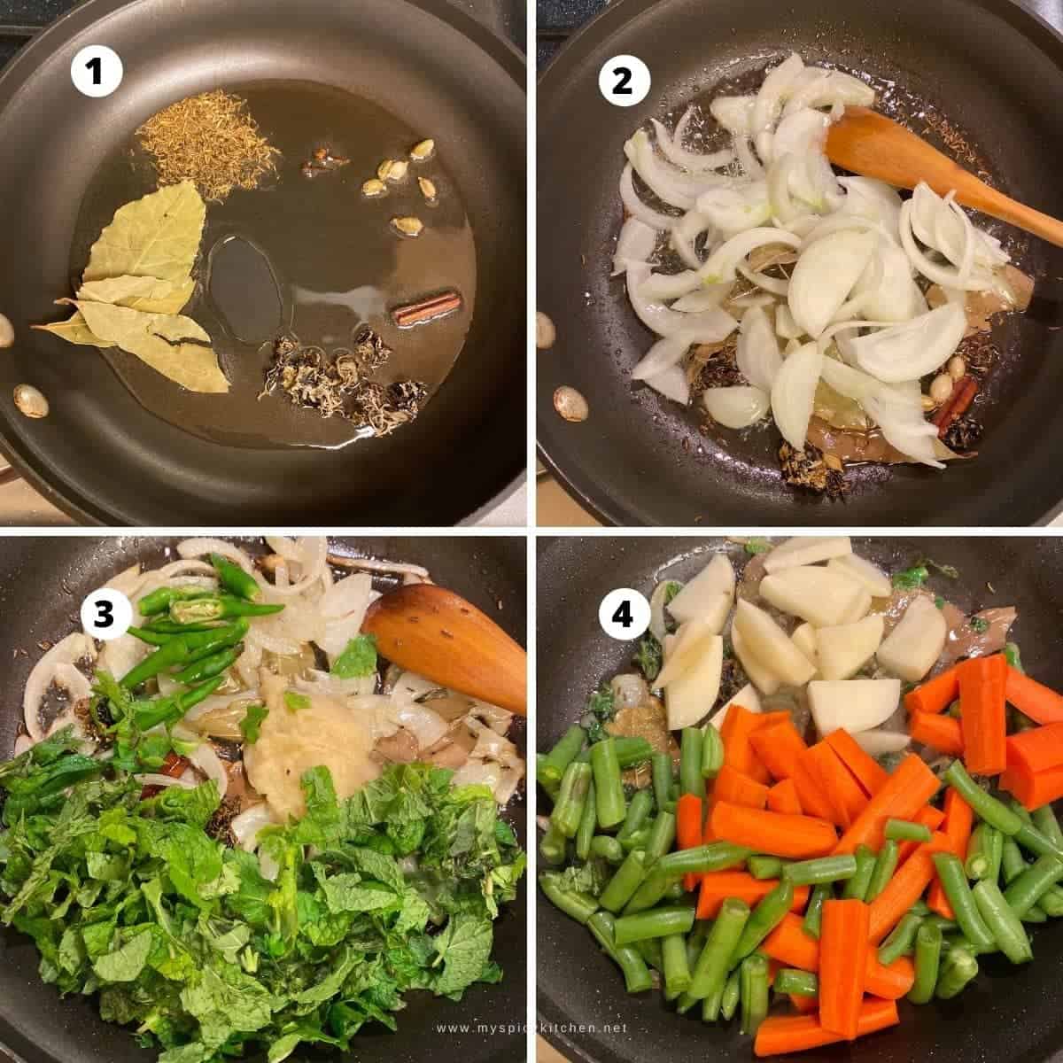 Collage of step by step pictorial instructions; toasting whole spices in oil, sautéing onions, then mint ginger garlic paste and green chilies, then mixed vegetables.