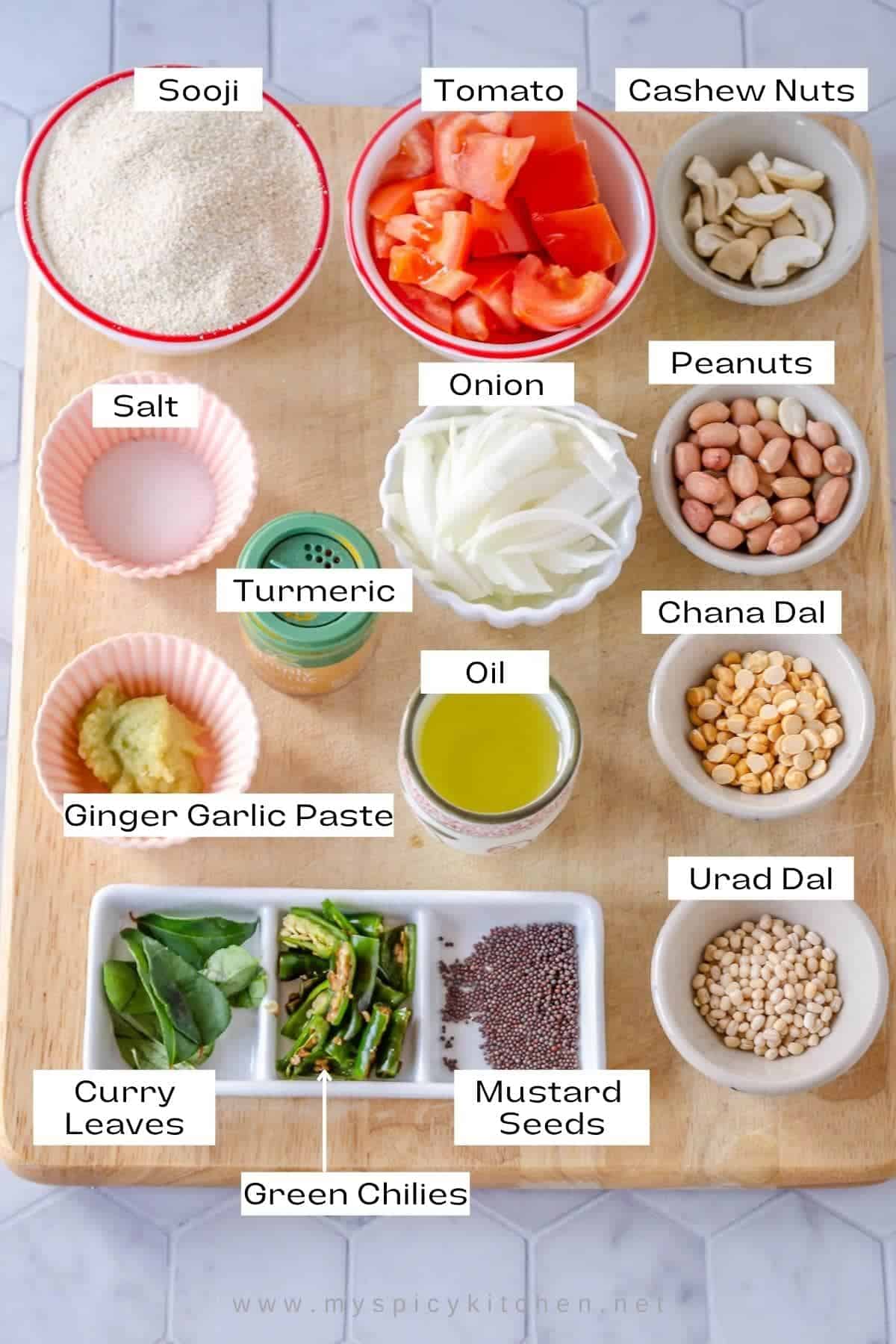 Ingredients for tomato rava bath.