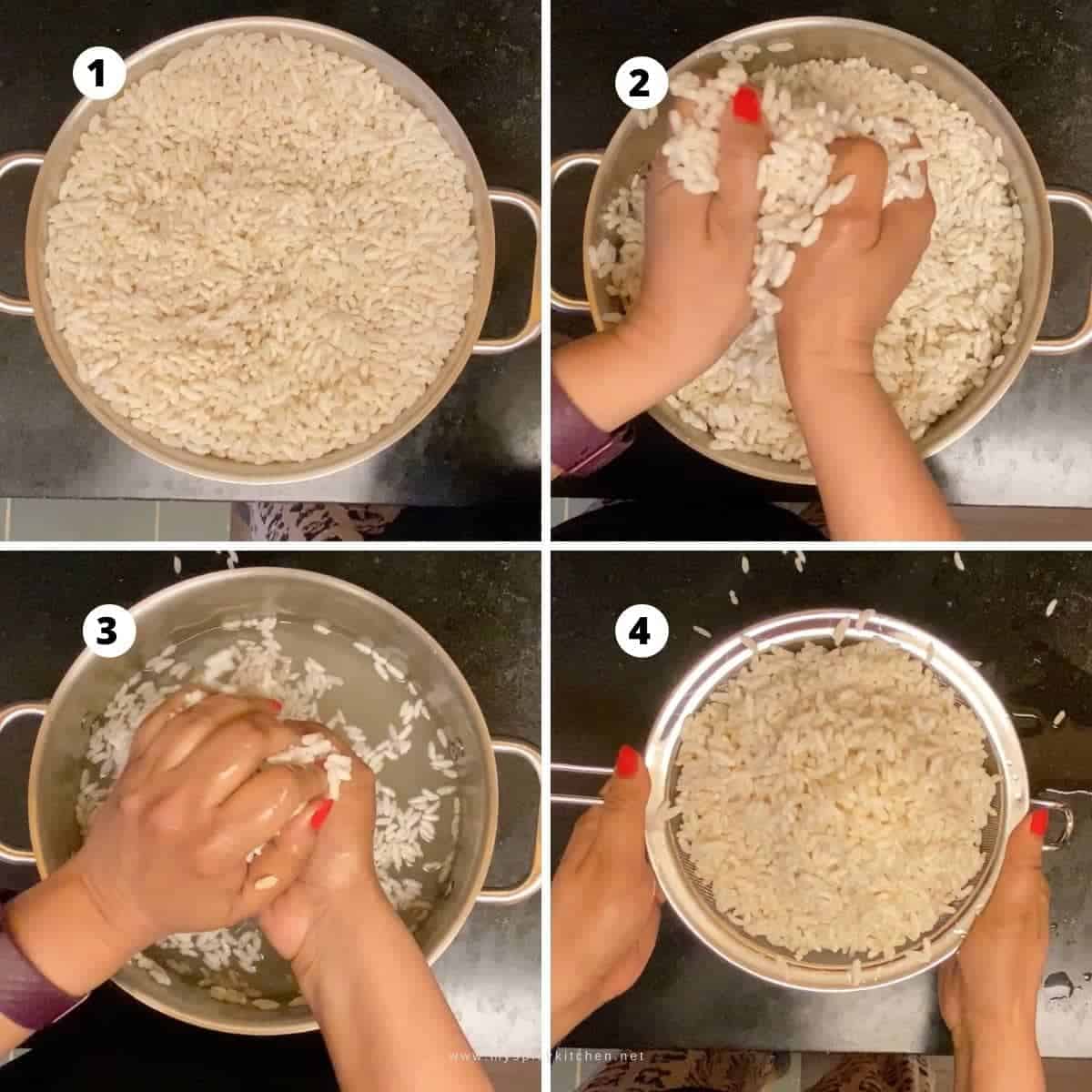 Step by step collage of murmura upma preparation; washing murmura, squeezing water from washed murmura and putting in a strainer.