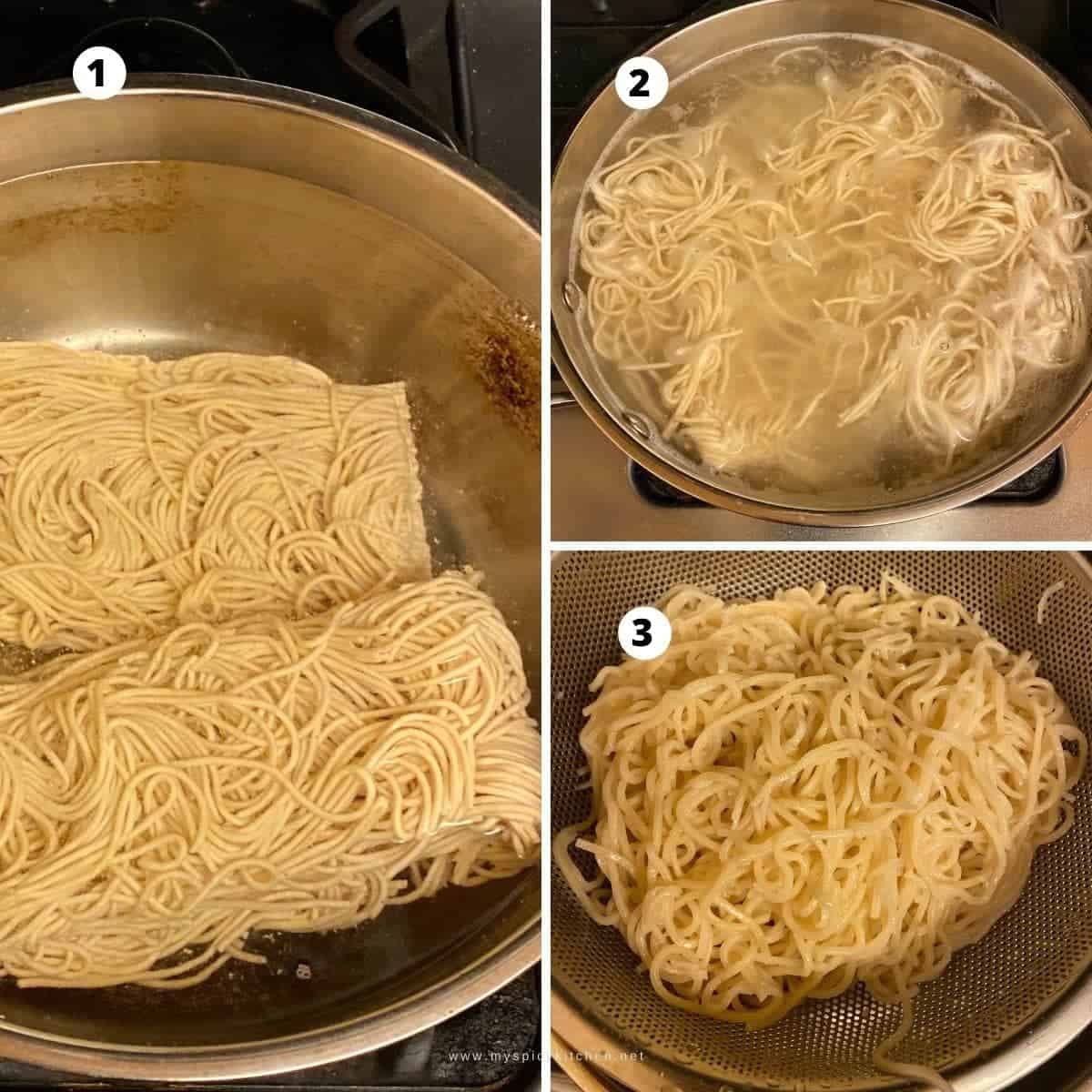SBS preparation of noodles; noodles in boiling water, noodles cooking in boiling water and cooked noodles in a colander.