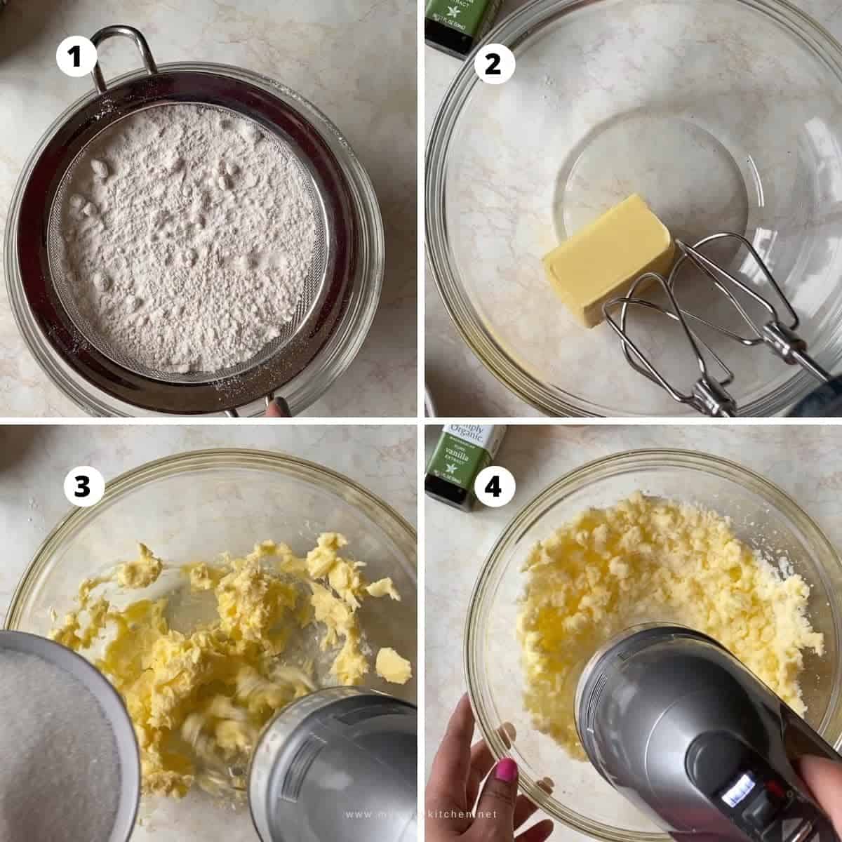Collage of step by step pictures of white chip cookies preparation; sift flour, soften butter, add sugar and beat until creamy.