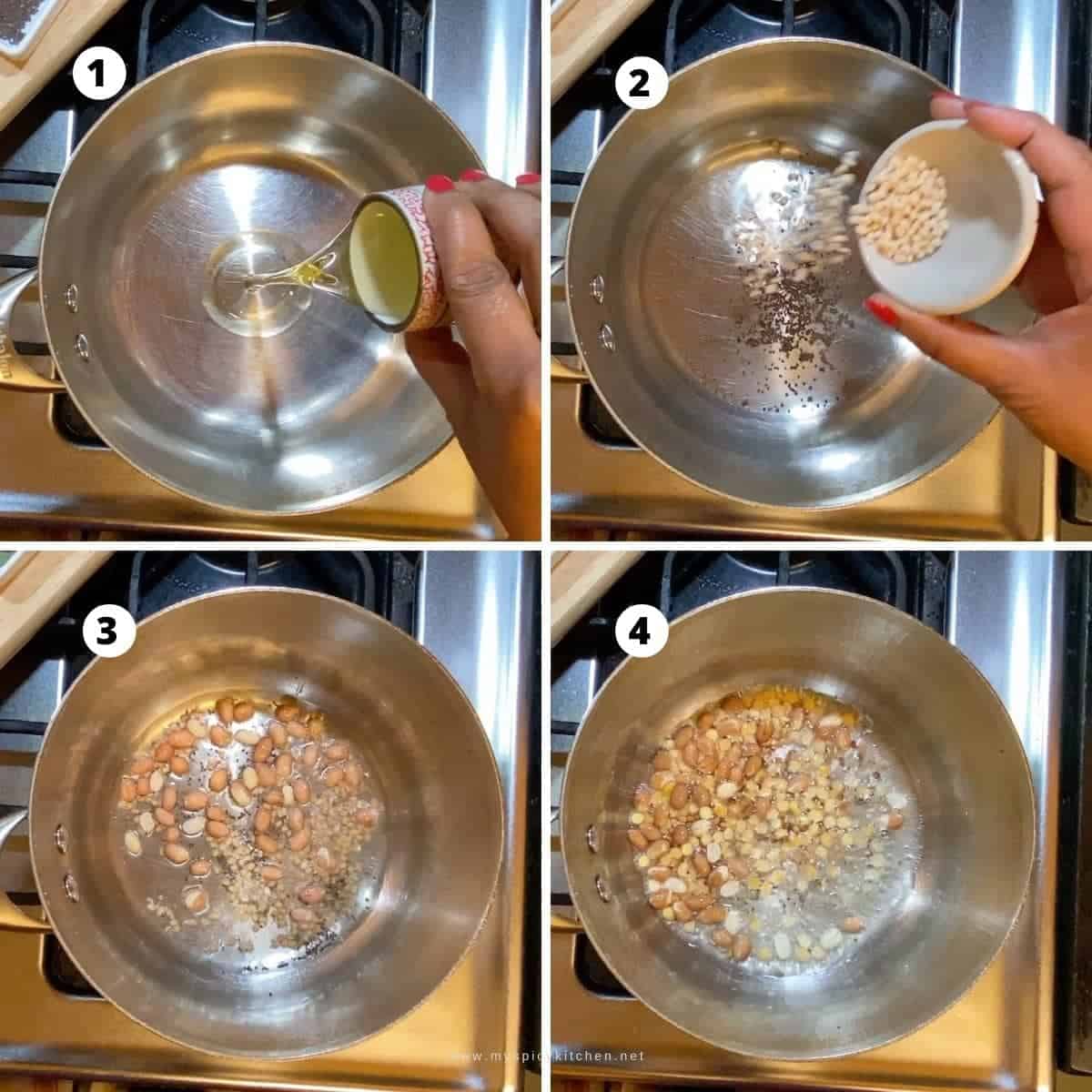 collage of step by step instructions of tamata upma; preparing the tempering.