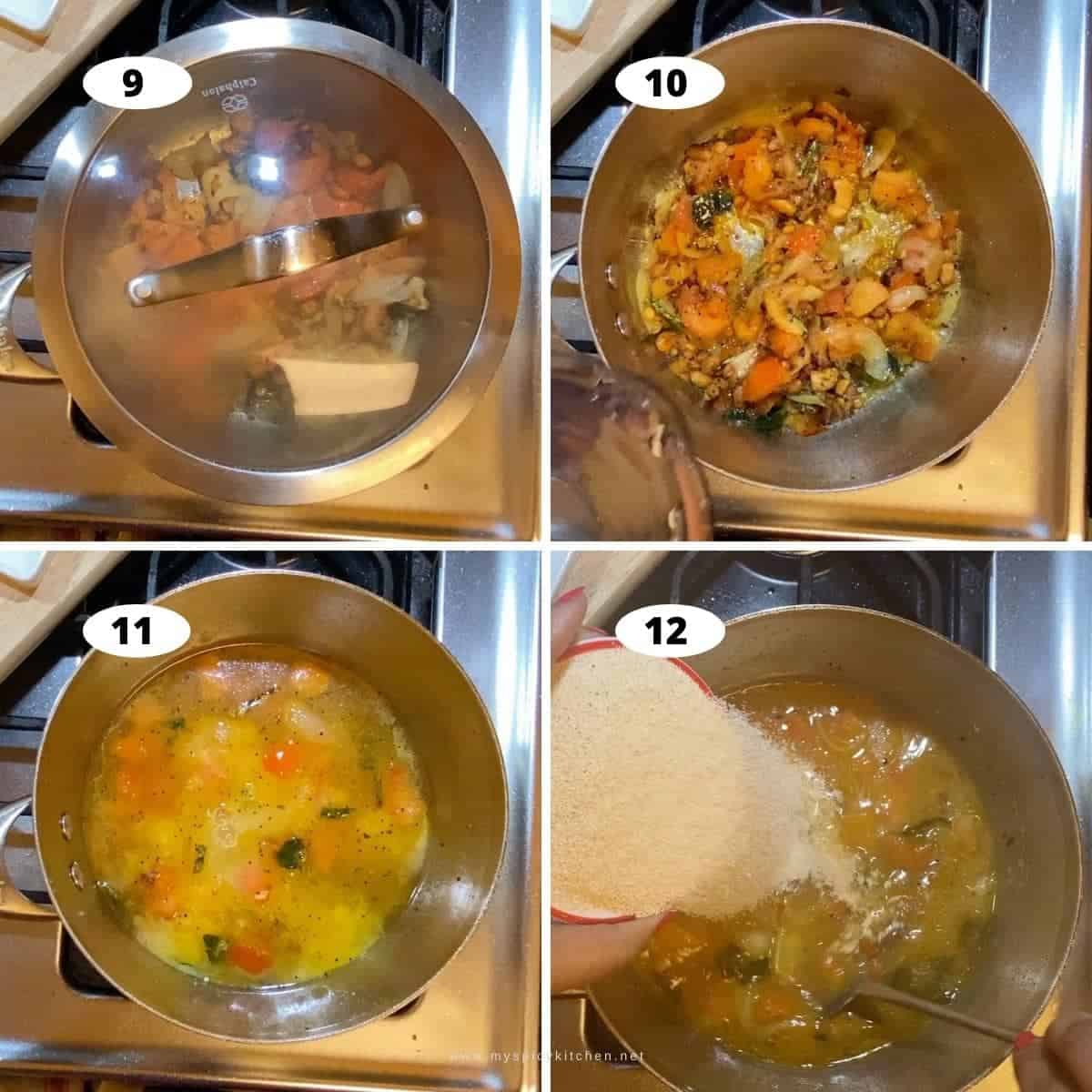 Collage of step by step instructions of tamata upma; cooking tomatoes in the tempering, bringing water to a boil and then adding sooji to boiled water.