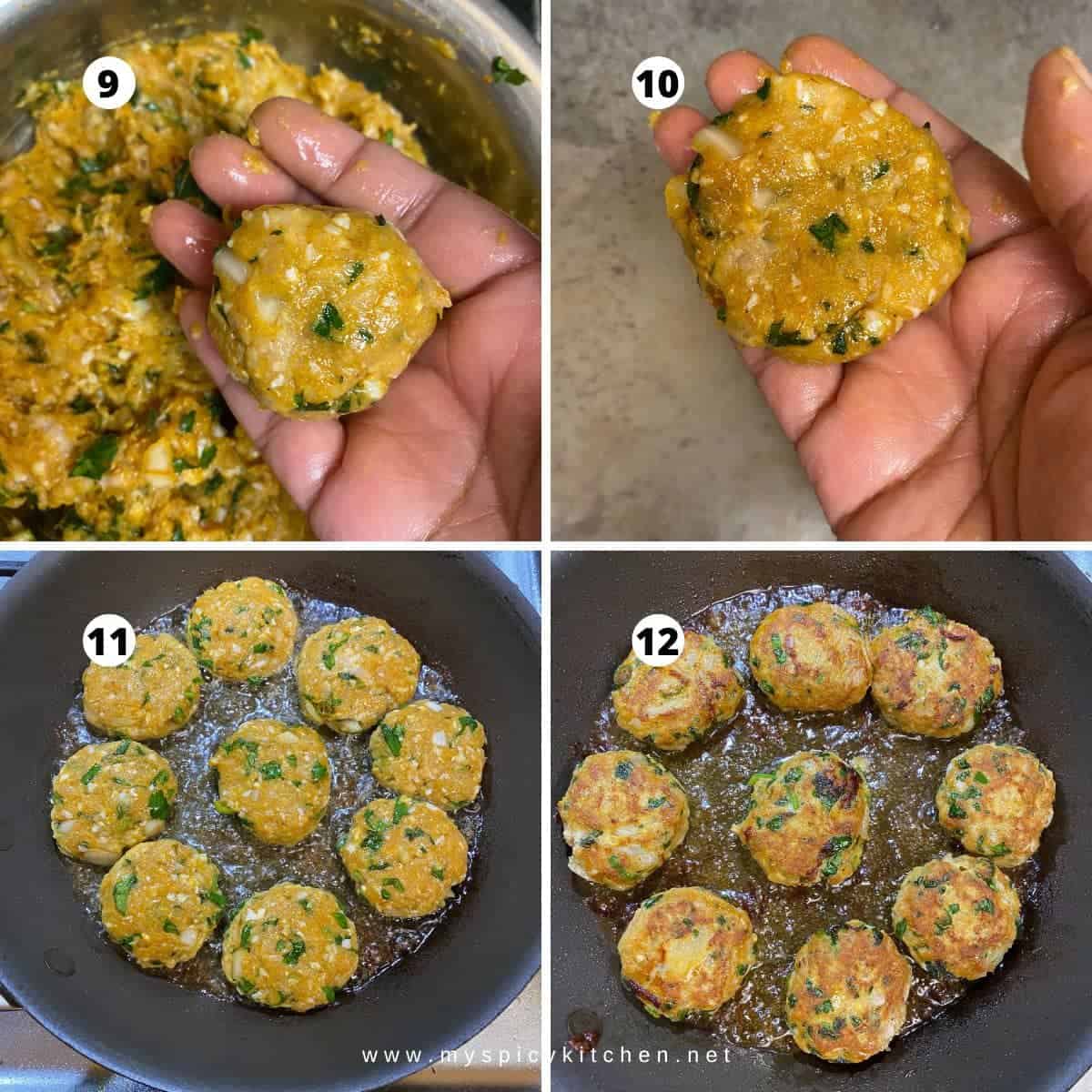 Step by step collage of chicken patties - shaping ground chicken mixture into small patties and shallow frying cutlets.