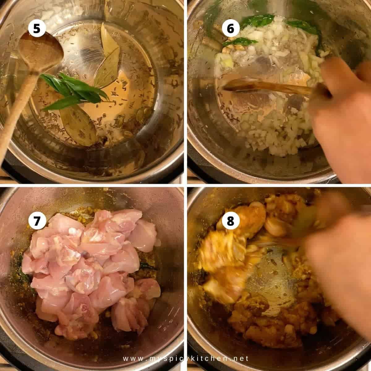 Collage of chicken clear soup preparation - roast whole spices, saute onion, mix spices and chicken pieces and brown the chicken.