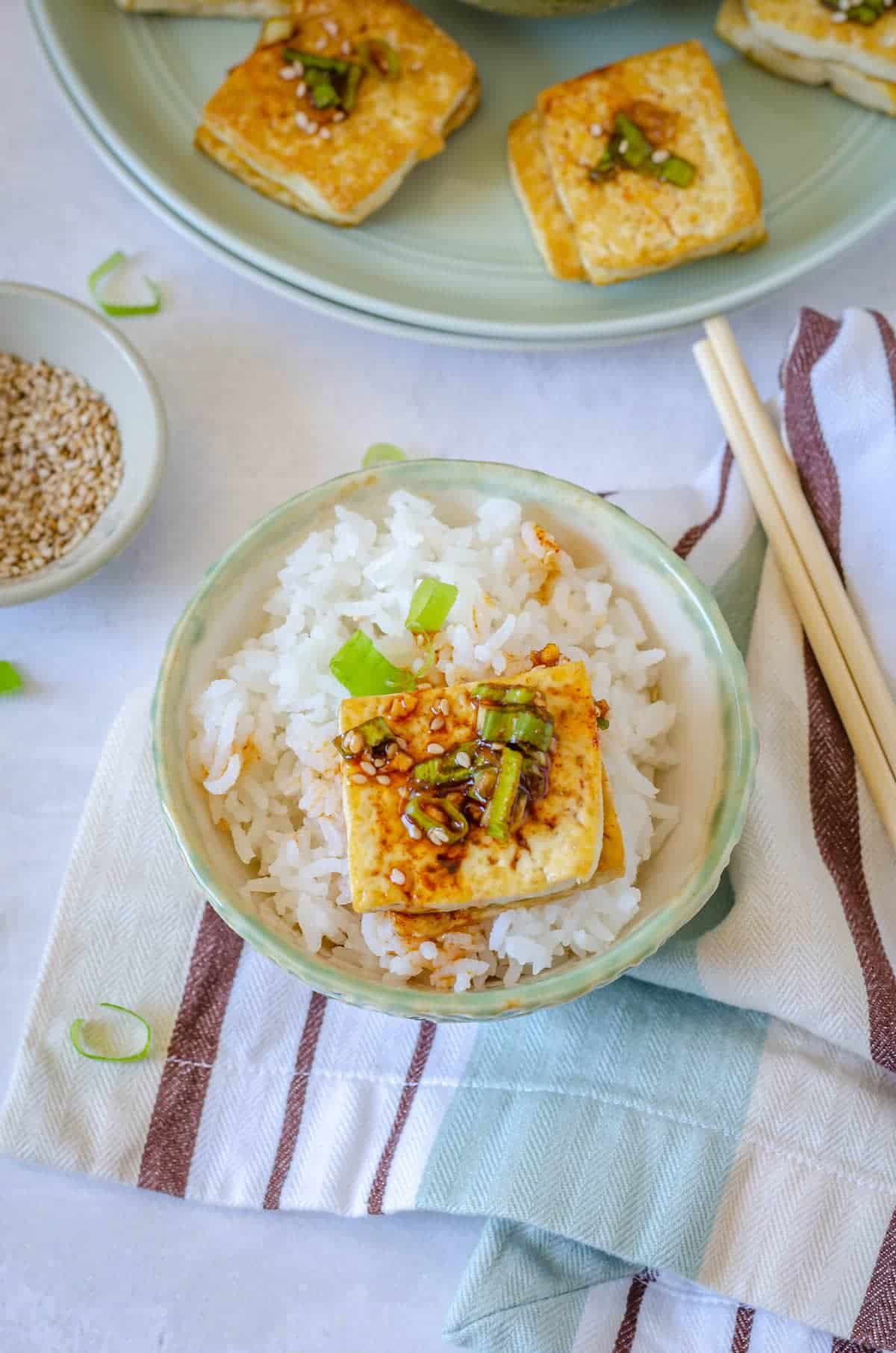 Bowl of rice with pan fried tofu on the top.