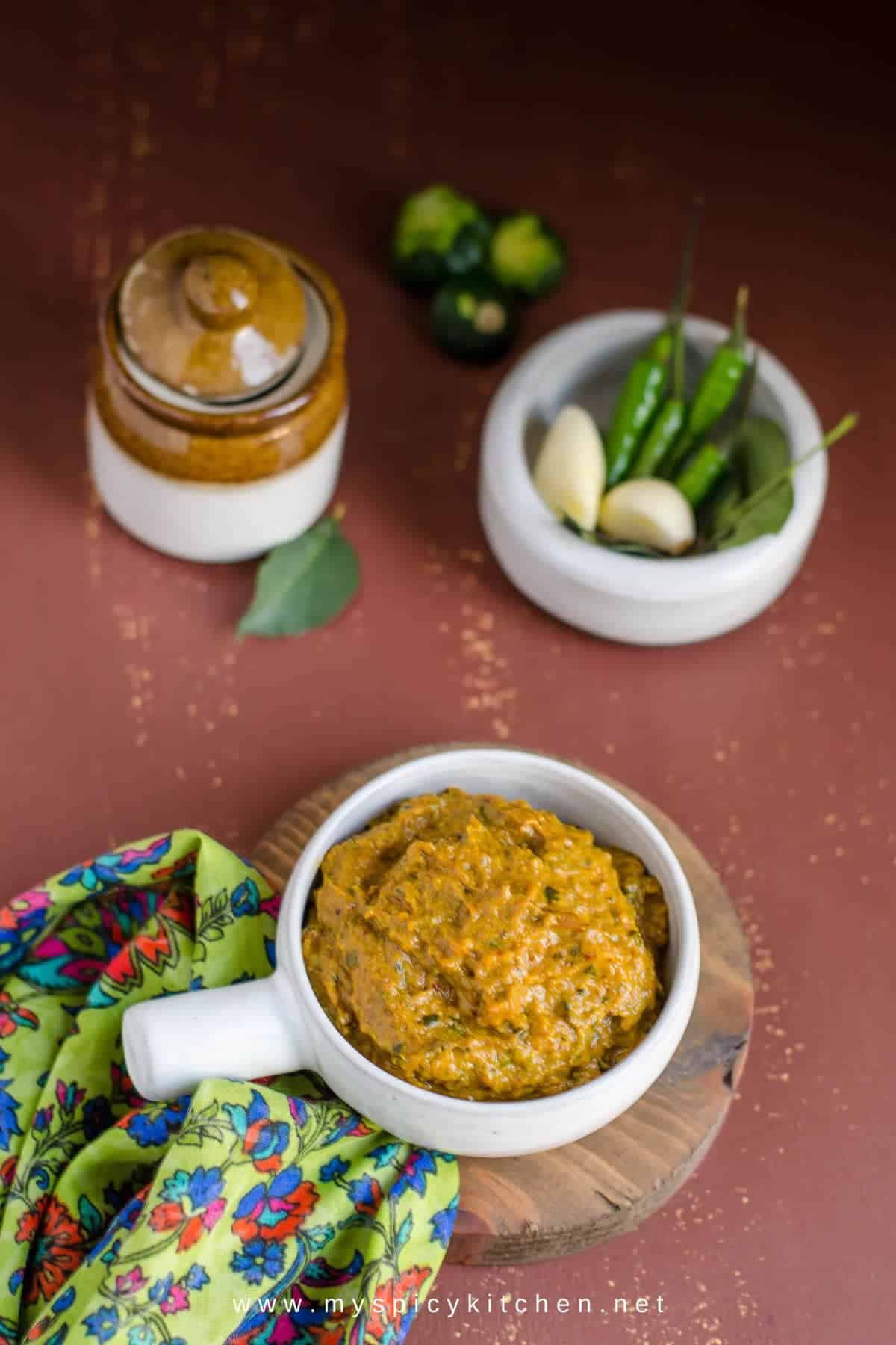 Zucchini pachadi in a bowl with a handle.